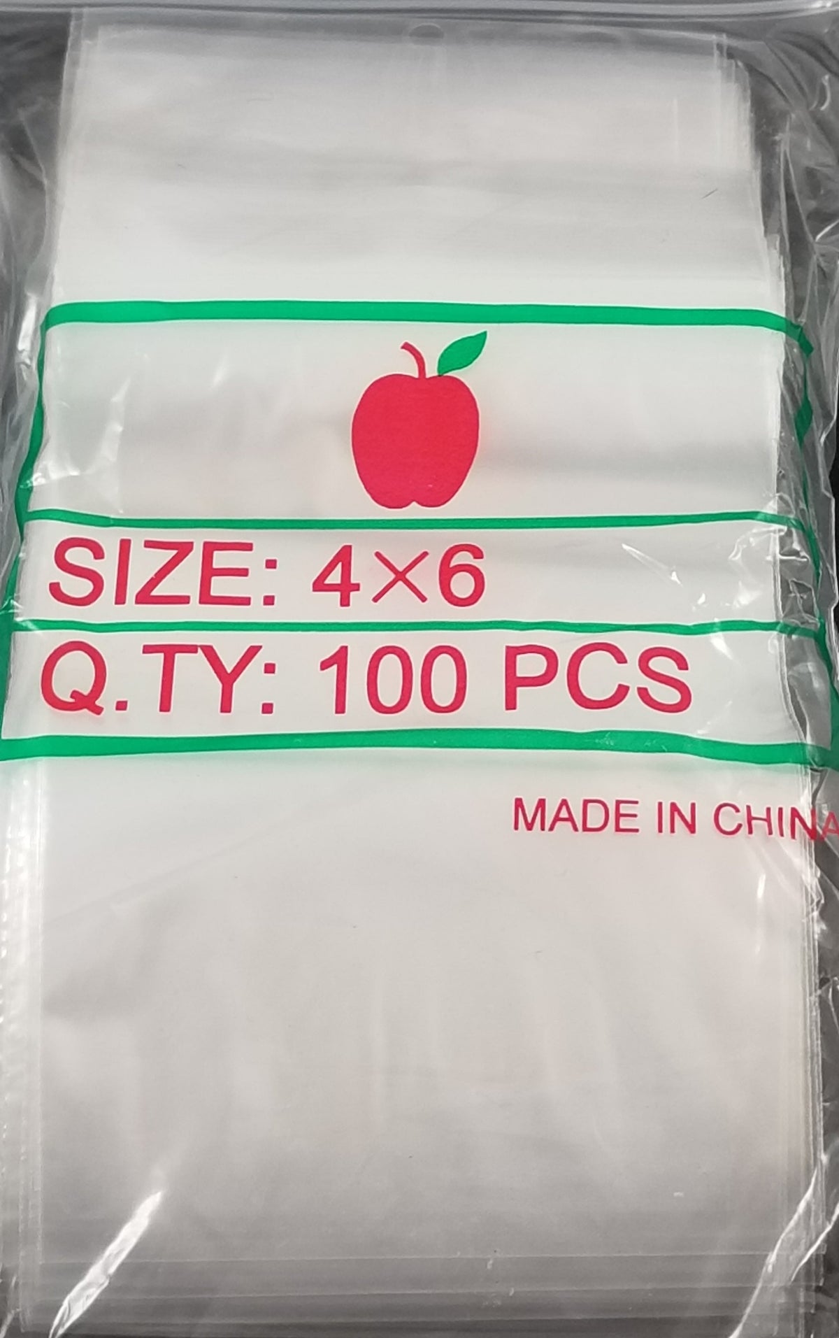 Clear resealable apple bags measuring 4x6 inches from Original Apple Bags, shown with contents inside.