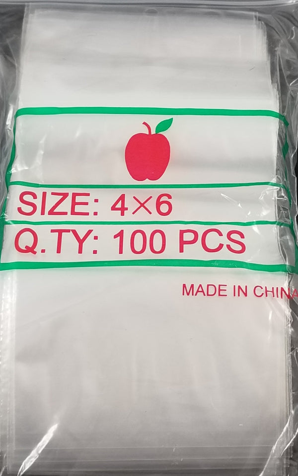 Clear resealable apple bags measuring 4x6 inches from Original Apple Bags, shown with contents inside.